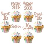 ZHUOWEISM 24 PCS Sweet 16th Birthday Cupcake Toppers Glitter Sixteen 16 Fabulous Vintage 2008 Cupcake Picks for Cheers to 16 Years 16th Birthday Wedding Anniversary Party Cake Decorations Rose Gold