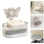 Soap Dish Holder Shower Suction Shampoo Bar Wall Mounted Dishes Tray Saver Box with Drainage Bilayer for Bathroom, White