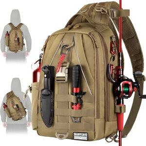 Ghosthorn Fishing Tackle Backpack Tactical Sling Bag with Rod Holder - Fly Fishing Gifts for Gear and Equipment - Men for Women Large Khaki