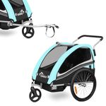 SAMAX Children Bike Trailer 2in1 Kids Jogger Stroller with Suspension 360° rotatable Childs Bicycle Trailer Transport Buggy Carrier for 2 Kids in Turquoise - Black Edition