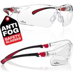 NoCry Safety Glasses with Clear Anti Fog Scratch Resistant Wrap-Around Lenses and No-Slip Grips, UV Protection. Adjustable, Black & Red Frames