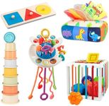 OundarM 5 in 1 Montessori Sensory Toys for Baby Toddlers Pull String Activity Toy Stacking Cups Shape Sorter Cube Animals Tissue Box Wooden Geometric Shape Puzzles Educational Toys for 1 2 3 Years Old