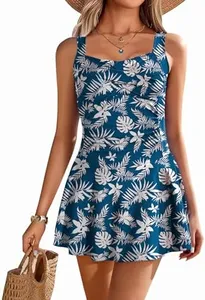 Ekouaer Swim Dress One Piece Bathing Suit Skirted Swimsuits for Women Ruched Retro Swimwear S-XXL