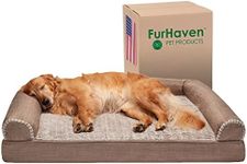 Furhaven Orthopedic Dog Bed for Large Dogs w/ Removable Bolsters & Washable Cover, For Dogs Up to 95 lbs - Luxe Faux Fur & Performance Linen Sofa - Woodsmoke, Jumbo/XL