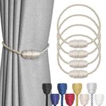 Pretty Jolly 4 Pack Strong Magnetic Curtain Tiebacks Handmade Weave Side Rope Curtain Holdbacks Unique & Elegant Decorative Curtain Drape Tie Backs for Home & Office Window Drapery (Beige)