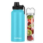 InstaCuppa Thermos Steel Fruit Infuser Water Bottle 1 Litre, Tritan Infusion Unit, Detox Infused Recipe eBook, Green