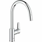 GROHE Start Edge QuickFix – 1 Lever Kitchen Sink Mixer Tap with Pull-Out Function (High C-spout, 360° Swivel Area, 28 mm Ceramic Cartridge, Tail 3/8 Inch, High Pressure), 357 mm, Chrome, 30550000