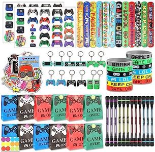 Binggunyo 112pcs Jeu Vidéo Fournitures de Fête Enfants,Jeu Vidéo Fête Anniversaire Cadeau,Bracelet en Silicone,Porte-Clés,Autocollants,Sacs de fête,Slap Bracelet,Dragonne en Silicone,Stylo Pivotant