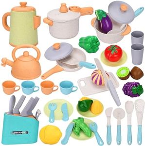 YUTUY Juguetes de Cocina para Niños Accesorios,42 Piezas Utensilios Cocina Juguete,Juego de ollas y sartenes,Frutas y Verduras Juguete,Cocinitas de Juguetes para Niños Niñas 3 4 5 Años