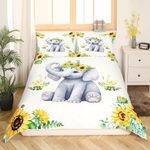 Cute Elephant Kids Duvet Cover Set Full Size,Boys Girls Adults Cabin Decor,Sunflowers Plants Rustic Farmhouse Comforter Cover,Cartoon Animal Kawaii Bedding Set,Bright Quilt Cover,2 Pillowcases