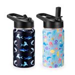 Kids Insulated Water Bottle, 2 Pack 12oz Shark & Under the Sea Water Bottles Bulk with Flip Straw, Gifts for Kids Boys Girls to School Travel Sports, Hands Wash Only, Blu