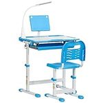 Qaba Kids Desk and Chair Set Height Adjustable Student Writing Desk Children School Study Table with Tilt Desktop, LED Lamp, Pen Box, Drawer, Reading Board, Cup Holder, Blue