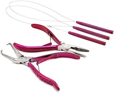 Professional Hair Extension & Beading Tool Kit Remove Plier Set for beads (4 Piece) I-Link Micro Ring Loop Needle Pulling Hook Threader Wire for Silicone Rings (Shocking Pink)