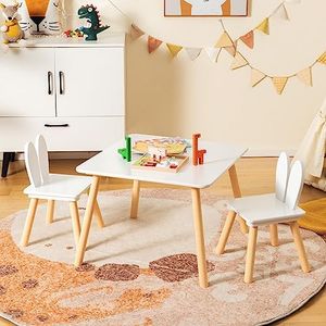 HONEY JOY Kids Table and 2 Chairs Set, 3 Pieces Wooden Square Play Table & 2 Cute Rabbit Chairs, Solid Wood Legs & Space-Saving Structure, Children’s Furniture Set for Arts, Crafts, Snack Time (White)