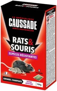 CAUSSADE Anti Rats & Souris 150 g - Efficacité Radicale - Spécial Rats et Souris Résistants - 6 Sachets Céréales - Prêt à l'emploi - Une Ingestion Suffit - Fabriqué en France - CARSCBR150