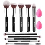 BEAKEY Diversity Make up Brushes 12Pcs Makeup Kit, Premium Synthetic Kabuki Foundation Face Powder Concealers Eyeshadow Blush Brushes Make up Brushes Set, with 2pcs Blender Sponges (Black/Silver)