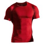 Muscle Alive Men Skinny Tight Compression Base Layer Short Sleeve T Shirt Bodybuilding Tops Polyester and Spandex Red XL