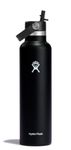 HYDRO FLASK - Water Bottle 709 ml (24 oz) with Flex Straw Cap - Vacuum Insulated Stainless Steel Reusable Water Bottle - Leakproof Lid - Hot and Cold Drinks - Standard Mouth - BPA-Free - Black