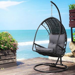 Gardeon Outdoor Egg Swing Chair, Rattan Garden Bench Hanging Seat, Patio Baconly Furniture Chairs, with Cushions Stand Wicker Basket Water Resistant 150kg Capacity Black