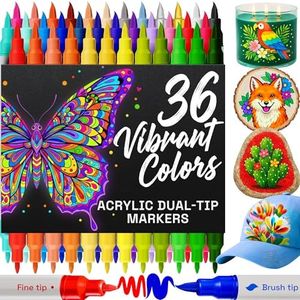 ARTISTRO Dual Tip Acrylic Paint Markers - Easy for All Ages & Levels Acrylic Paint Pens for Fabric, Rocks, Paper, Wood, Canvas, Glass, DIY (Dual Tip Brush + Fine, 36)