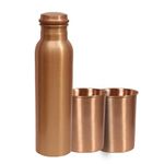 Copper Water Drinking Bottle Ayurvedic Health Benefits Water Bottle Copper Vessel for Sports, Fitness, Yoga, Home, Office, Hotel and a Gift (1 Bottle and 2 Glass) (Hammered)