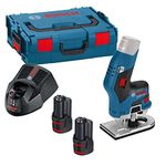 Bosch Professional 12V System cordless Palm Router GKF 12V-8 (incl. Quick charger GAL 12V-40, Open-ended spanner 17 mm, 2 x battery GBA 12V 3.0Ah, Collet with nut 1/4", in L-BOXX 136)