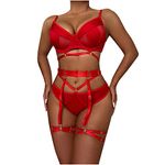 Tuianres Lingerie for Women 3 Piece with Garter Belt Bra and Panty Sets Sexy Lace Bodydoll Teddy Valentines Lingerie Suit, 01#red, X-Large