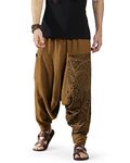 The Veshti Company Hippie Harem Pants for Men's Drop Crotch Tapestry Baggy Boho Printed Yoga Pajama Pant, Mustard - Hellbound Heathen, L