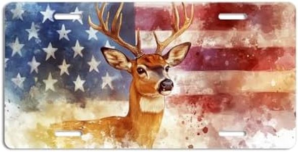 NGZ Deer License Plate, Funny Pet American Flag Painting Aluminum License Plate Suitable for Car, RVs, Bars, Fences, garages, etc. 12x6 Inch