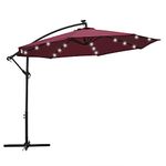 Panana 3M Garden Cantilever Parasol with 24 Solar Powered LED Lights Outdoor Banana Hanging Umbrella with Crank Mechanism Sun Shade Canopy for Poolside, Deck, Patio and Balcony Wine Red