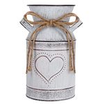 Belle Vous Rustic Metal Flower Vase - 10.3 x 19cm / 4.05 x 7.48 Inches - White Heart Vintage Shabby Chic Farmhouse Milk Bucket - Primitive Decorative Pitcher Jug for Home/Wedding Decor & Garden Plants