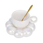 Ceramic Coffee Mug,Cloud Coffee Cup and Saucer Set,Cute Mug with Flower Spoon and Sunflower Coaster,Kawaii Tea mug with dish, Latte Cups 6.7oz/200ml for Office and Home for women Girls (Pearl White)