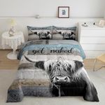 Rustic Highland Cow Comforter Set King Size,Farmhouse Animals Plants Quilt Set Blue Grey Wood Cabin Door Bedding Set for Kids Girls Boys Adult Room Decor,Get Naked Quotes Duvet Insert 3Pcs