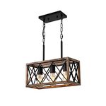 KEESFU Farmhouse Kitchen Island Lighting, 3 Lights Pendant Lighting Fixtures, Adjustable Height, Industrial Dining Room Light for Living Room Foyer Dining Table Over Sink. (Wood Grain Color)