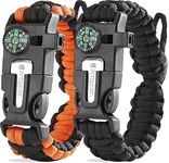 aZengear Paracord Survival Bracelets - Compass, Flint Fire Starter, Whistle, Adjustable Wrist Size - Camping, Hiking, Emergency Kit (Black & Orange, Pair)