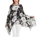 Max Hsuan Womens Summer Solid Sheer Batwing Blouse Chiffon Caftan Poncho Tunic Top Plus Size Cover up, #Black White Floral, One Size Plus