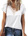 Chigant Short Sleeve Tops for Women Lace V Neck Satin Blouse Rolled White Silk Shirt