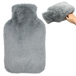 OWOZOI Fluffy Hot Water Bottle, Soft Furry Cover with Hand Pocket, 2L Large Capacity, Hot Water Bag for Pain Relief, Period Cramps, Back, Shoulder, Neck, Arthritis, Bed Warmer(Dark Grey)