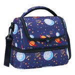 OPPOSHE Cute Large Kids Lunch Bag, Insulated Leakproof Cooler with Double Compartments, Water-Resistant & Easy Cleaning Fabric, Adjustable Strap, for Boys and Girls (Blue + Space, 9.8"×6.7"×8.3")