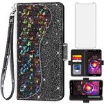 Asuwish Phone Case for LG X Charge/Fiesta 2 LTE/X Power 3/X5/LV7 Wallet Cover with Screen Protector and Flip Card Holder Bling Glitter Stand Cell LG-M322 XPower 2 SP320 M327 M322 Women Girls Black