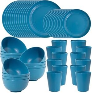 LIYH 48pcs Blue Wheat Straw Dinnerware, Plates and Bowls Set, Camping Dish Set for 12, Plastic Dinnerware Set, Dishwasher Safe Dinnerware Set, Unbreakable Plastic, Camper Dish Sets
