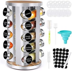 Spice Rack Organizer with Jars for Cabinet (20Pcs) Revolving/Rotating Seasoning Organizer, Stainless Steel/Wooden Countertop Rack Tower Organizer for Kitchen Pantry with Reusable Labels/Funnel/Brushes