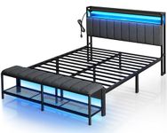 Rolanstar Queen Bed Frame with Charging Station & LED Lights, Detachable Shoe Bench, Upholstered Headboard with Storage Shelves, Heavy Duty Metal Slats, No Box Spring Needed, Easy Assembly,Grey