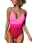 CUPSHE One Piece Swimsuit for Women Deep V Neck Crisscross Back Color Block Swimming Costume Swimwear Bathing Suits Hot Pink/Red L