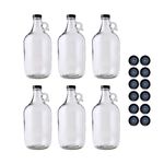 FastRack 64 oz Growler, 1/2 Gallon Glass Beer Growler, Half Gallon Glass Jug, Clear Growlers for Beer, 1/2 Gallon Glass Jug, Set of 6, Comes with 12 Extra Poly Seal Caps