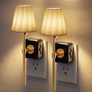 JandCase Night Lights Plug into Wall, 2 Pack Vintage Nightlights, Dusk to Dawn Sensor, 0-100LM Dimmable, Pleated Fabric Beige Lamp for Living Room Bedroom Hallway