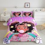 Cute Black Girls Comforter Set Full Size,African Style American Quilted Duvet Girls Kids Bedroom Decor,Cartoon Star Cloud Rainbow Bedding Set Girly Purple Colorful Dots Bedspread,2 Pillowcases