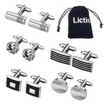 Lictin Men's Cufflinks Cuff Links for Men, 5 Pairs Stainless Steel Classic Tone Cufflinks Black Striped Cuff Links Shirt Suit Cufflinks