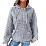 Hoodies for Women UK Plus Size Fall Winter Long Sleeve Soft Casual Drawstring Waffle Knit Hooded Sweatshirts Ladies Plain Basic Jumpers Loose Slouchy Pullover Sweater Tops with Pocket Grey