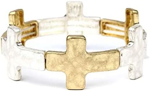 Rosemarie's Religious Gifts Women's Statement Matte Gold And Silver Tones Hammered Cross Charms Stretch Bangle Bracelet, 6.5", Metal, no gemstones